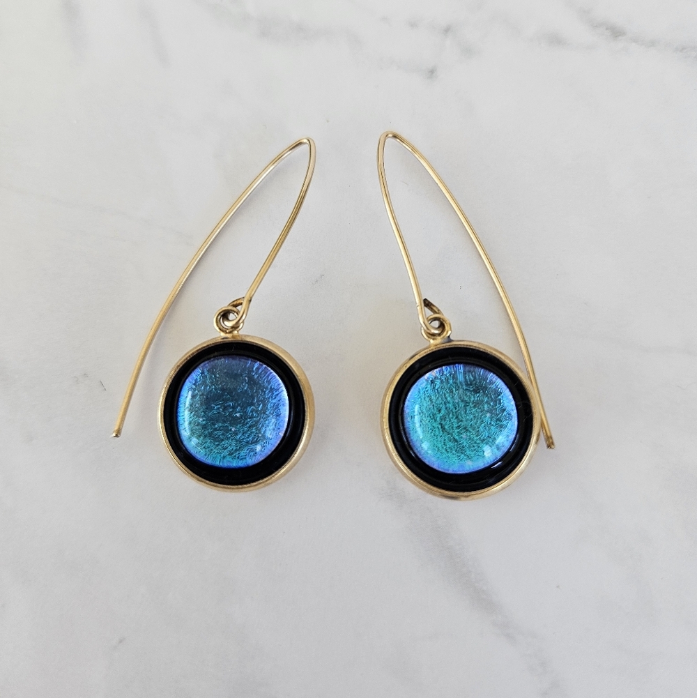 Lady Morgana Gold Plated Blue Iridescent Dichroic Glass Earrings